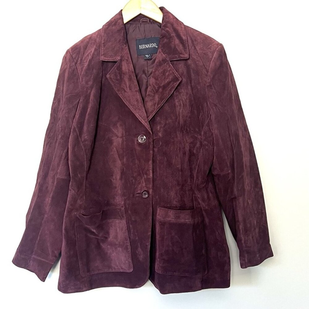 Vintage BERNARDO Suede Leather Jacket Sz L Washable Purple Leather Blazer 90s